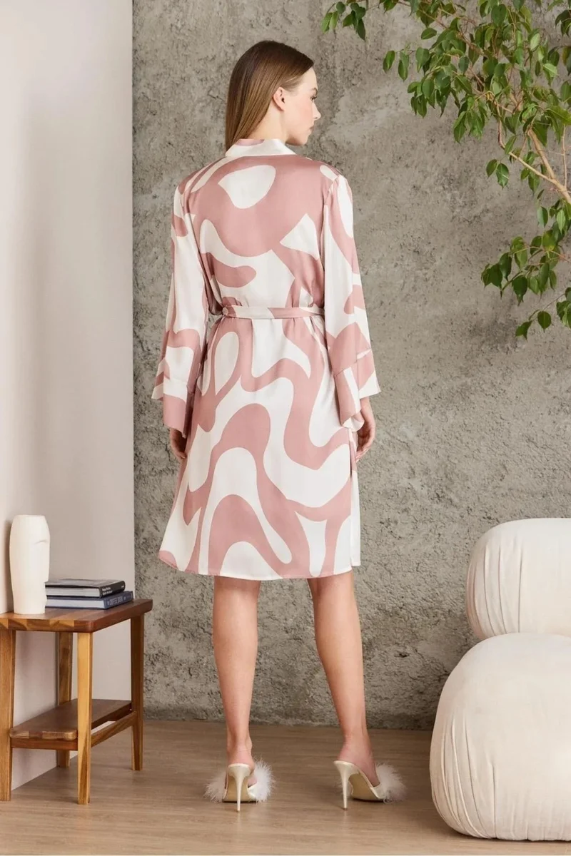 بيير كاردان 2420 Women's Satin Printed Dressing Gown Nightgown Set-Brandy