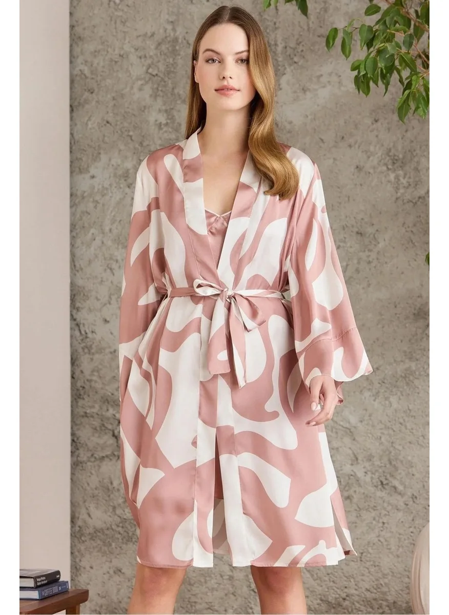 بيير كاردان 2420 Women's Satin Printed Dressing Gown Nightgown Set-Brandy