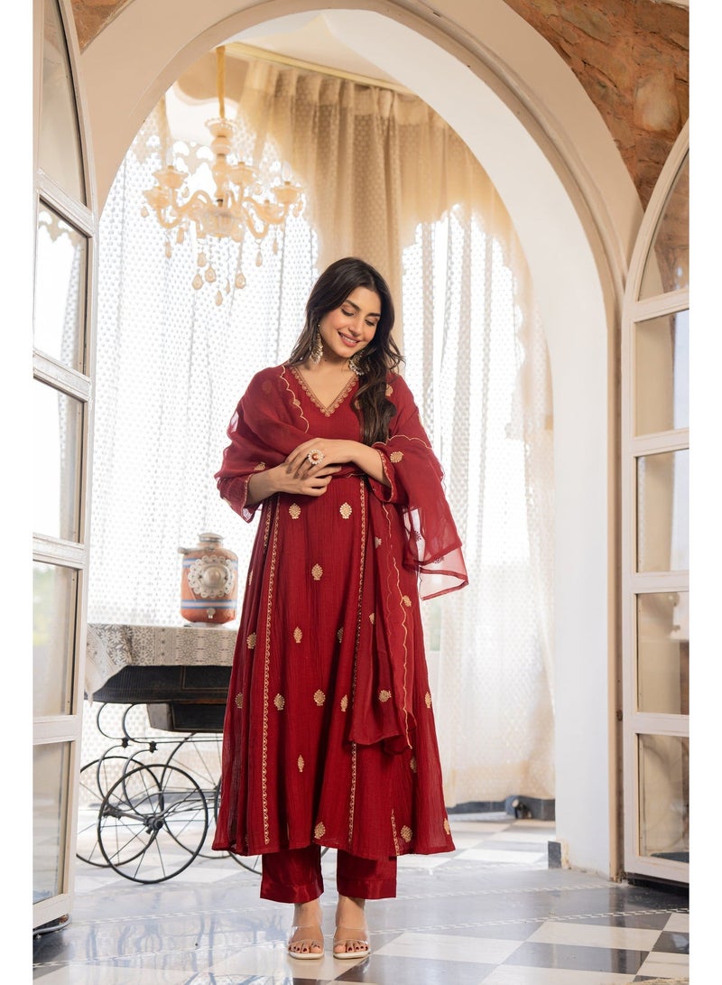 PRIYA’S PANACHE Premium AnarKali Kurta Set for Women with Dupatta & Pants | Indian Ethnic Wear | Anarkali Salwar Suit | Kurti Set Ladies | Festive, Wedding & Party Wear | Maroon - Image 2