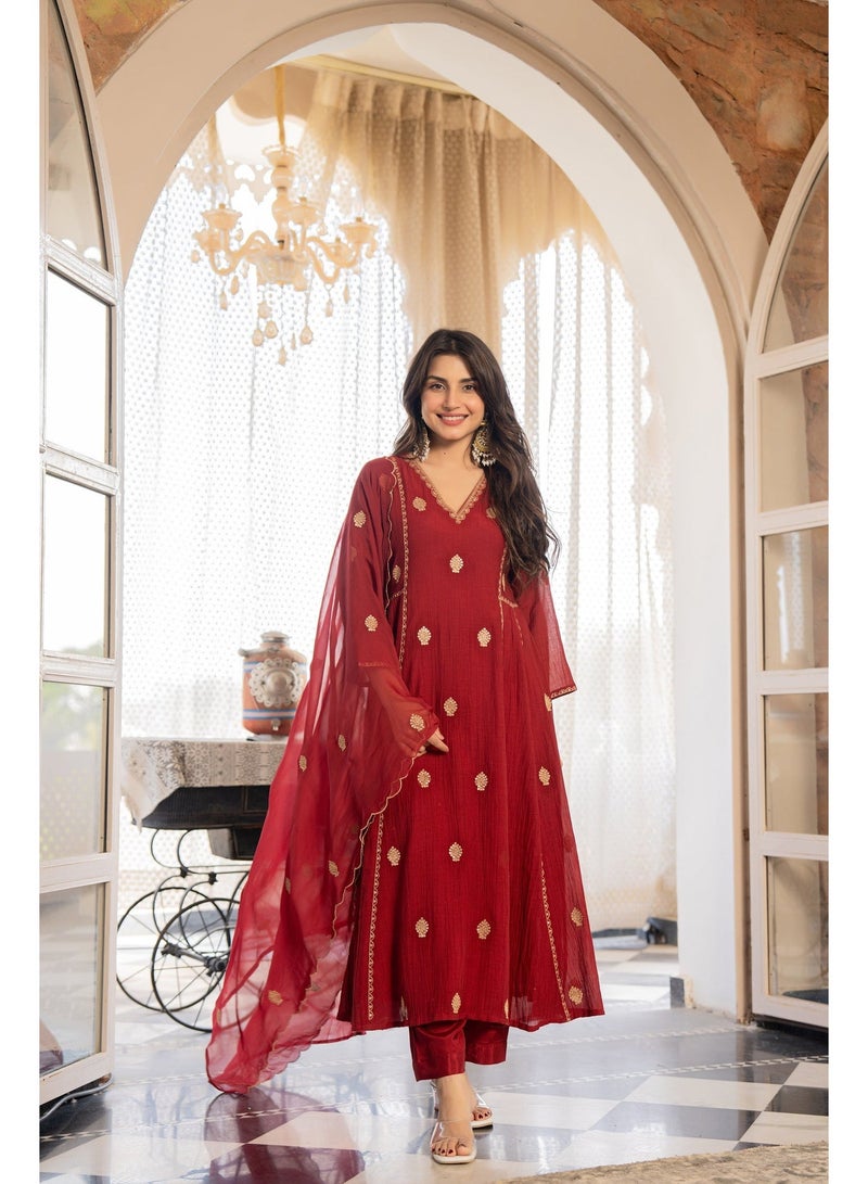 PRIYA’S PANACHE Premium AnarKali Kurta Set for Women with Dupatta & Pants | Indian Ethnic Wear | Anarkali Salwar Suit | Kurti Set Ladies | Festive, Wedding & Party Wear | Maroon - Image 1