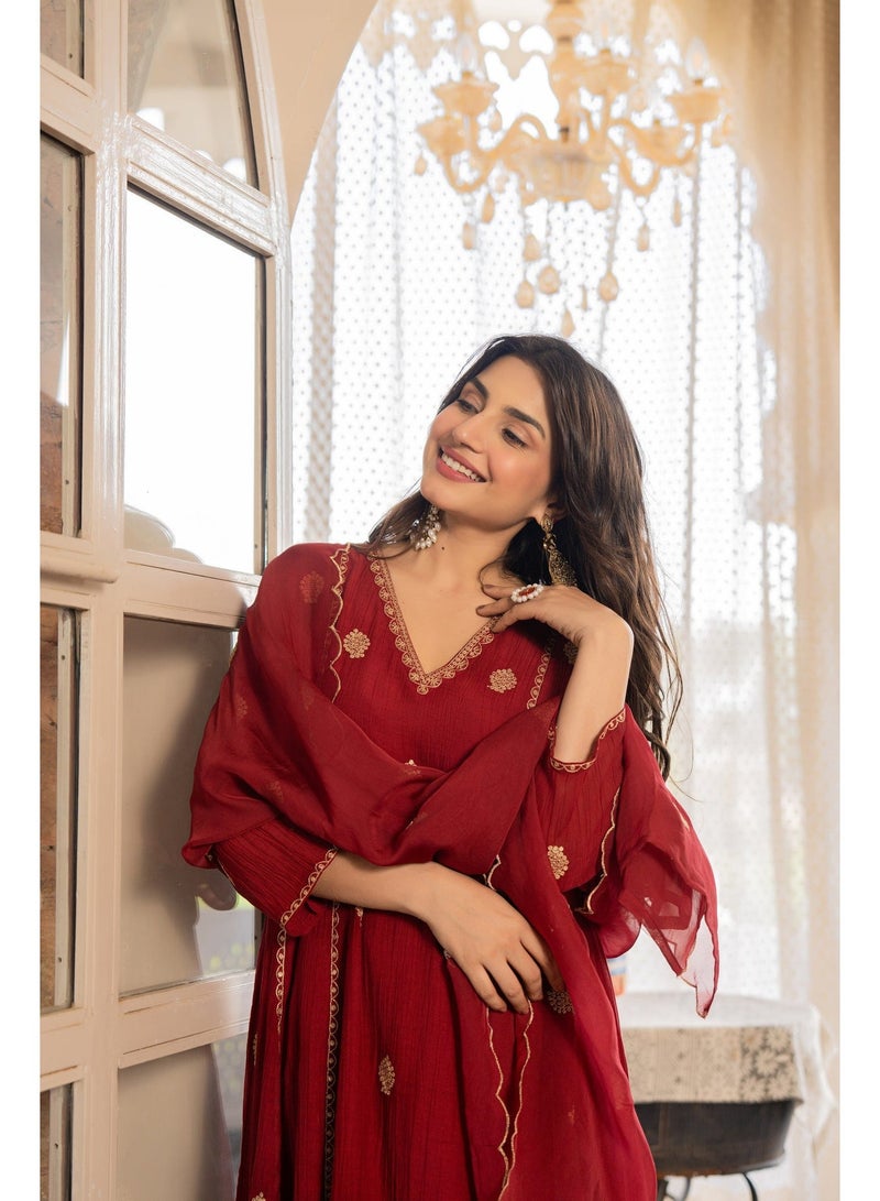 PRIYA’S PANACHE Premium AnarKali Kurta Set for Women with Dupatta & Pants | Indian Ethnic Wear | Anarkali Salwar Suit | Kurti Set Ladies | Festive, Wedding & Party Wear | Maroon - Image 3