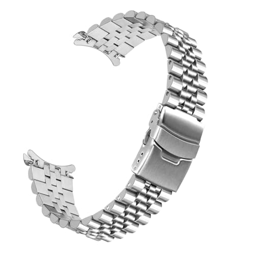 YISIWERA 22mm Stainless Steel Watch Band, 5 Beads Metal Watch Strap for Men Women, Curved End Watch Jubilee Bracelet with Double FlipLock Buckle Silver - Image 1
