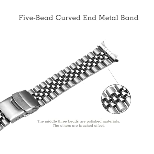 YISIWERA 22mm Stainless Steel Watch Band, 5 Beads Metal Watch Strap for Men Women, Curved End Watch Jubilee Bracelet with Double FlipLock Buckle Silver - Image 3