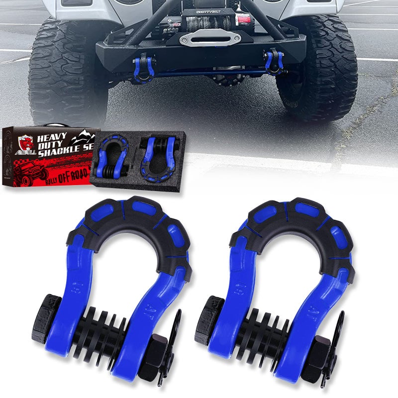 AMBULL Shackles Upgrade 34 D Ring Shackle 2 Pack 70000 lbs Break Strength with 78 Pin Isolator and Washer Kits for Use with Tow Strap Winch OffRoad Truck Vehicle Recovery Blue