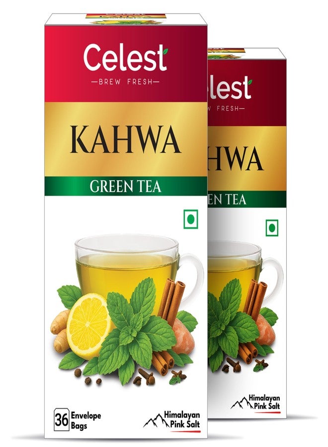 Celest Green Tea Kahwa - 36 Tea Bags x 2 Packs | Kahwa Green Tea | Helps in Detox | Contains Desi Herbs & Spices - Image 1