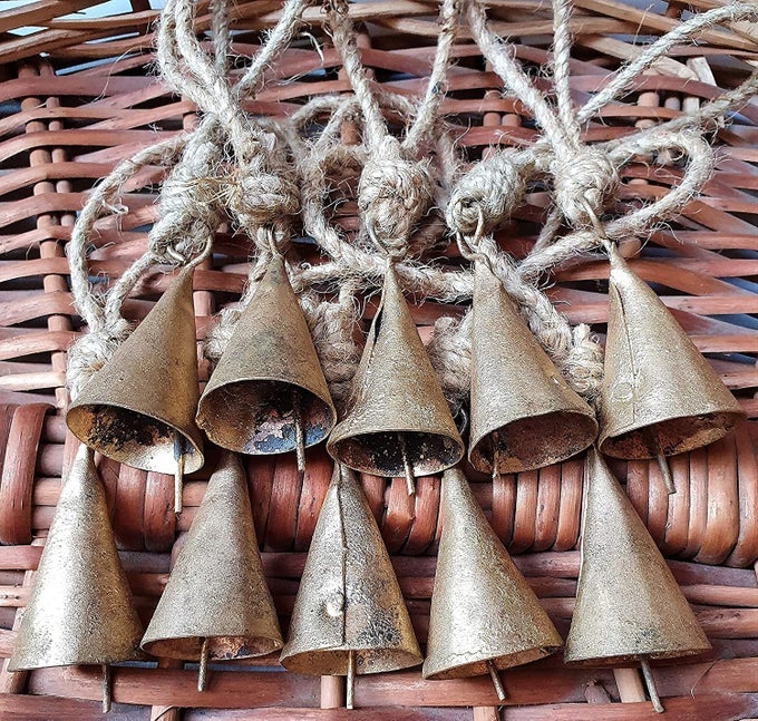 4cm Small Vintage Rustic Lucky Tin Metal Cow Bells Handmade Christmas Dcor Bells on Jute Rope 10 ConeCylinder