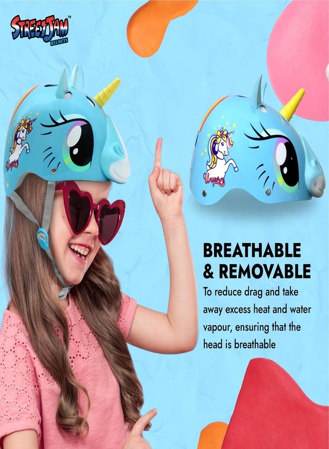 STREETJAM Magic Unicorn Open Face Helmet for Kids, Hard PP Outer Shell, EPS Inner Comfort Linner case, Adjustable Strap & Adjuster Dial, Unisex Helmet, Cycling (Cyan Blue, Medium (8-13 Years)) - Image 3