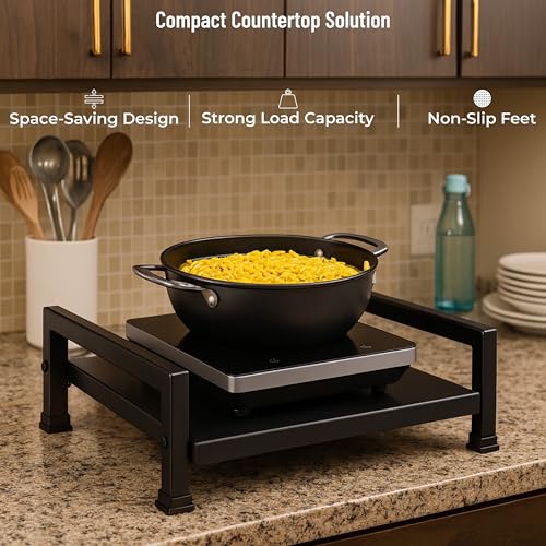 SONRET - Steel Induction Stand – Heavy Duty Strong 4-legs Table with Anti-Slip Feet Pads – Space Saving Design Induction Stand for Kitchen – Multi Purpose for Home, Office, Hostel - Black Colour - Image 3
