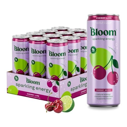 Bloom Nutrition Sparkling Energy Drink - Natural Caffeine, Zero Sugar, 180mg Caffeine - Antioxidant-Rich w/Green Coffee Bean, Green Tea Extract, Prebiotics - Cherry Lime - 12oz 12 pk - Image 1