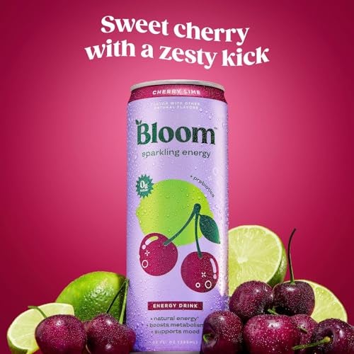 Bloom Nutrition Sparkling Energy Drink - Natural Caffeine, Zero Sugar, 180mg Caffeine - Antioxidant-Rich w/Green Coffee Bean, Green Tea Extract, Prebiotics - Cherry Lime - 12oz 12 pk - Image 2