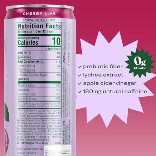 Bloom Nutrition Sparkling Energy Drink - Natural Caffeine, Zero Sugar, 180mg Caffeine - Antioxidant-Rich w/Green Coffee Bean, Green Tea Extract, Prebiotics - Cherry Lime - 12oz 12 pk - Image 3