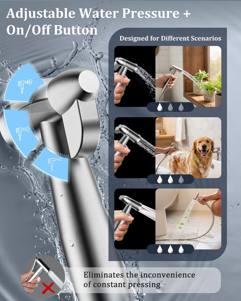 PWERAN Handheld Bidet Sprayer for Toilet, Filtered Toilet Jet Spray with Adjustable Water Pressure ON/Off Switch for Feminine Wash, Stainless Steel Muslim Shower with Hose for Baby Cloth Diaper Wash - Image 4