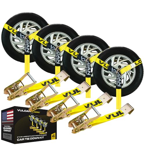 VULCAN Car Tie Down with Flat Hooks - Lasso Style - 2 Inch x 96 Inch - 4 Pack - Classic Yellow - 3,300 Pound Safe Working Load - Image 1