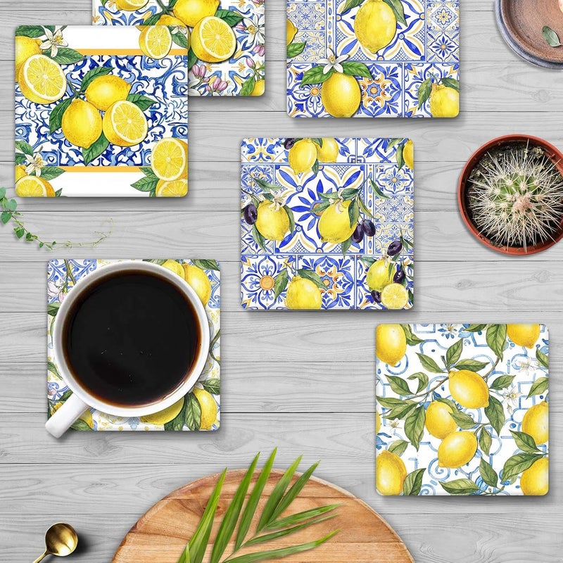 Bribay Coasters for Drinks Set of 6, Yellow Lemon Fruit Blue Ceramic Tiles Pattern Absorbent Square Ceramic Stone Mat, with Cork Base and Metal Holder, Gift for Housewarming Room Bar Decor - Image 2