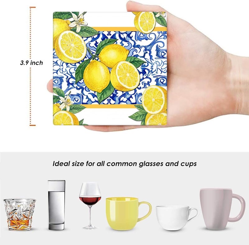 Bribay Coasters for Drinks Set of 6, Yellow Lemon Fruit Blue Ceramic Tiles Pattern Absorbent Square Ceramic Stone Mat, with Cork Base and Metal Holder, Gift for Housewarming Room Bar Decor - Image 5