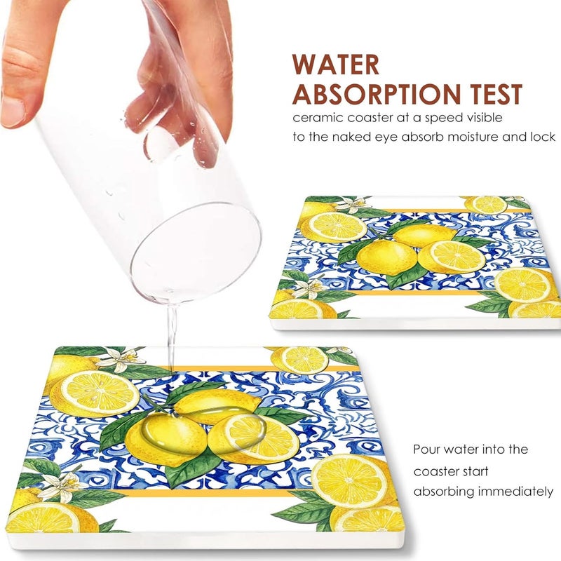 Bribay Coasters for Drinks Set of 6, Yellow Lemon Fruit Blue Ceramic Tiles Pattern Absorbent Square Ceramic Stone Mat, with Cork Base and Metal Holder, Gift for Housewarming Room Bar Decor - Image 4