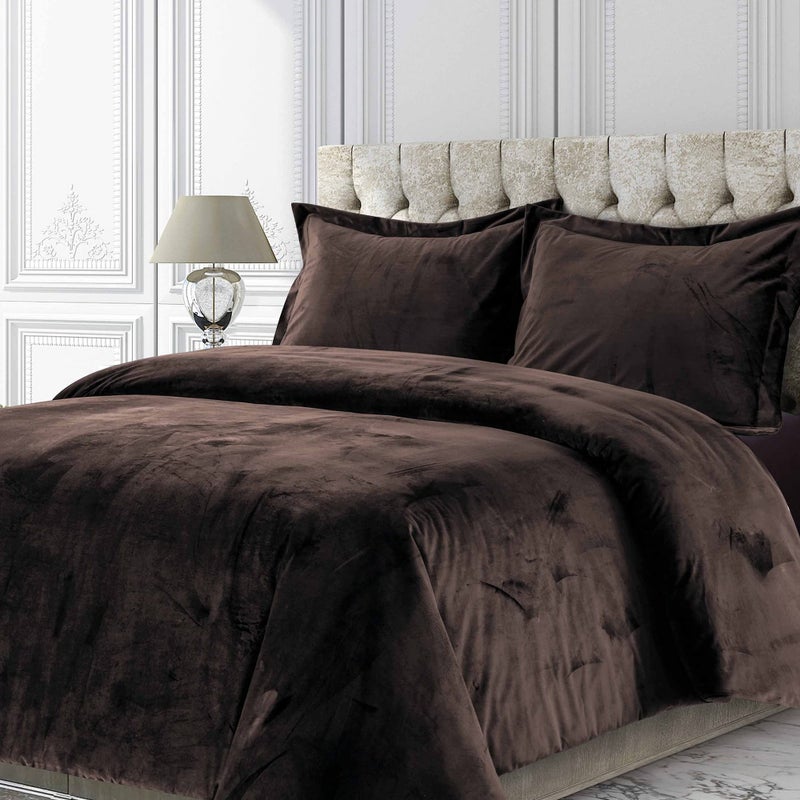 Tribeca Living Venice Velvet Oversized Duvet Set Luxurious 3Piece King Bedding Super Soft Velvet with Hidden Button Closure Chocolate