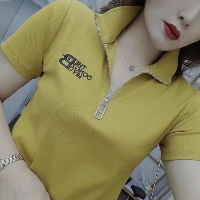 A generation of hair mother Summer new half zipper striped short sleeve T-shirt Women's Joker shirt T-shirt - Image 1