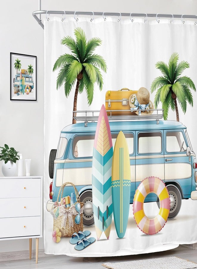 Riyidecor Beach Surf RV Fabric Shower Curtain Set for Bathroom Decor 72Wx72H Inch Coastal Theme Bath Accessories for Men Boys Tropical Palm Trees Pattern Camping Car Bathtub 12 Pack Plastic Hooks - Image 3
