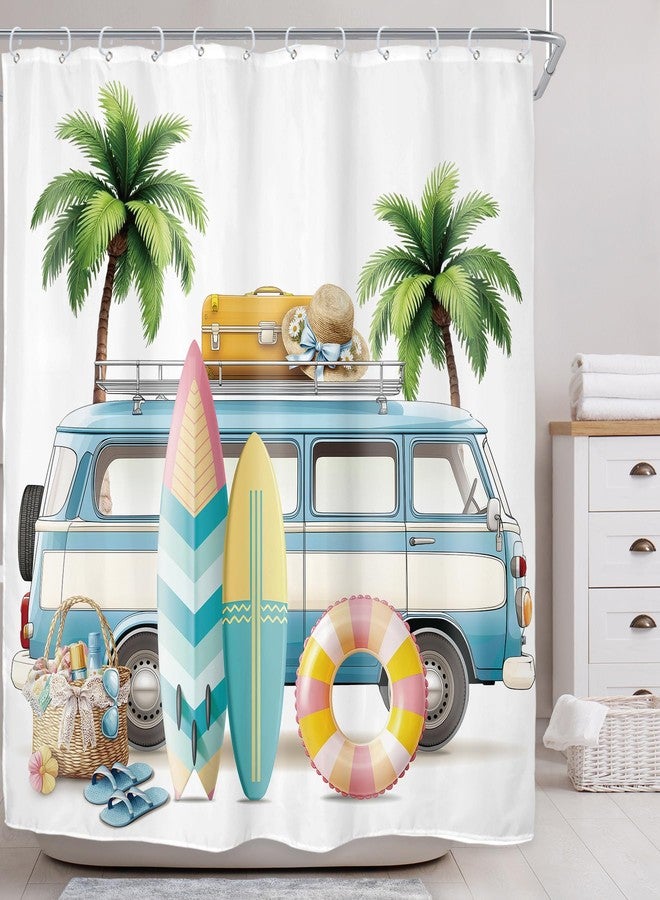 Riyidecor Beach Surf RV Fabric Shower Curtain Set for Bathroom Decor 72Wx72H Inch Coastal Theme Bath Accessories for Men Boys Tropical Palm Trees Pattern Camping Car Bathtub 12 Pack Plastic Hooks - Image 2