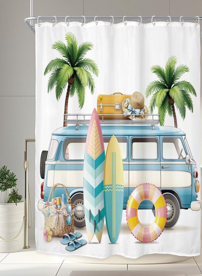 Riyidecor Beach Surf RV Fabric Shower Curtain Set for Bathroom Decor 72Wx72H Inch Coastal Theme Bath Accessories for Men Boys Tropical Palm Trees Pattern Camping Car Bathtub 12 Pack Plastic Hooks - Image 1