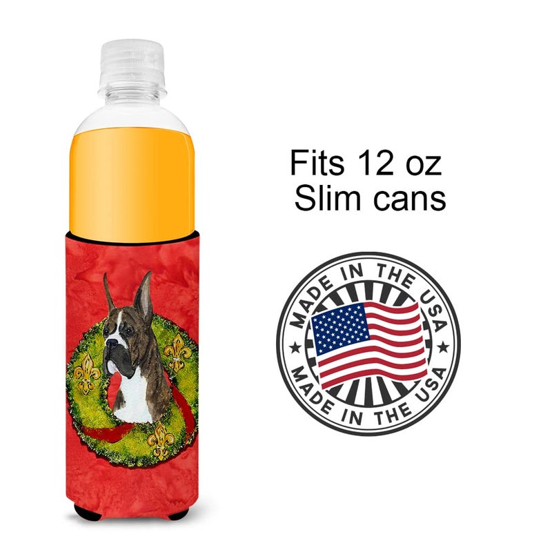 Caroline's Treasures Caroline's Treasures SS4195MUK Brindle Boxer Cristmas Wreath Ultra Hugger for slim cans Can Cooler Sleeve Hugger Machine Washable Drink Sleeve Hugger Collapsible Insulator Beverage Insulated Holder  - Image 3