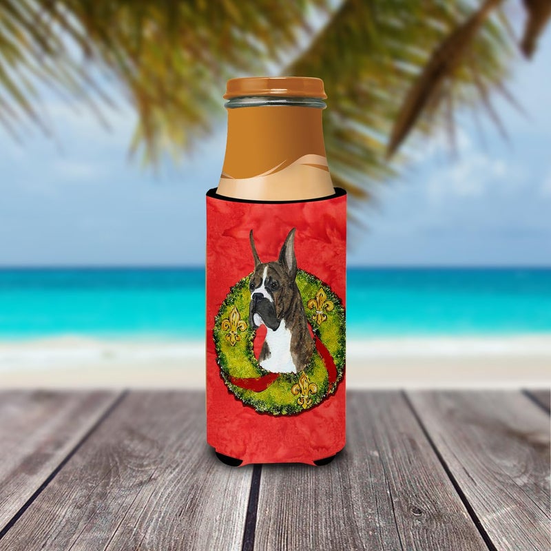 Caroline's Treasures Caroline's Treasures SS4195MUK Brindle Boxer Cristmas Wreath Ultra Hugger for slim cans Can Cooler Sleeve Hugger Machine Washable Drink Sleeve Hugger Collapsible Insulator Beverage Insulated Holder  - Image 2