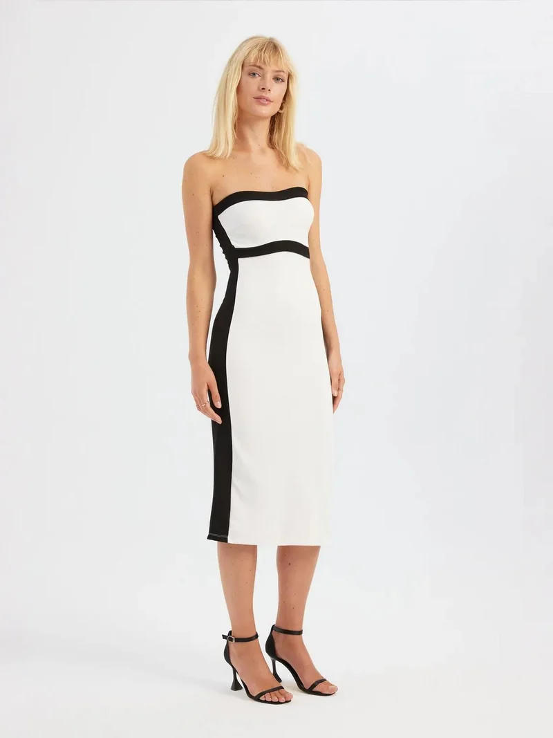 Hiccup White Block Colored Strapless Midi Dress for Women | Best Price UAE