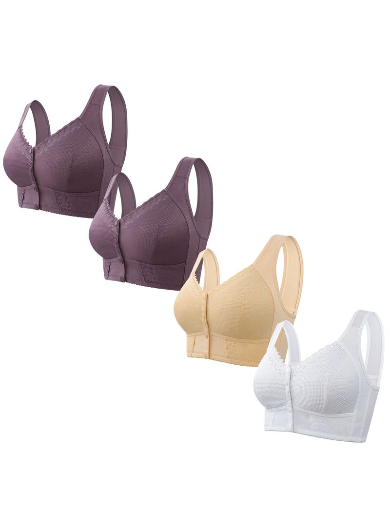 RedMapleTEK Middle -Aged And Elderly Large Size Without Steel Ring Front Buckle Vest Bray Bras 4 Pieces Set  - Image 1
