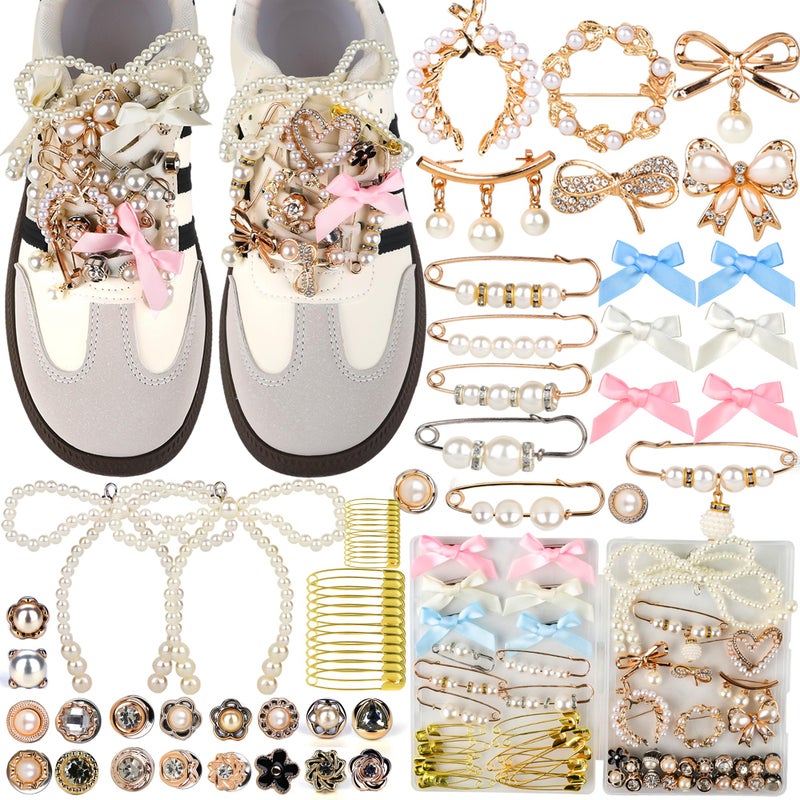 ELLEWIN 60 Pcs Charms for Socks Shoe Charms Safety Pin Brooch Gold Charms for Women Pearl Rhinestone Brooch Pins Junk Socks Pins Kit for Hat Clothes Shoe - Image 1