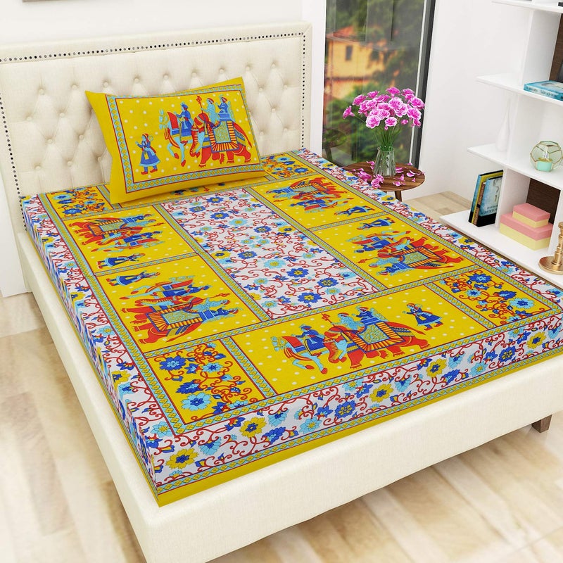 EarlyMart Comfort Rajasthani Jaipuri Traditional Sanganeri Print 144 TC Cotton Single Size Bed Bedsheet with 1 Pillow Cover Single_Bedsheet0027 - Image 1