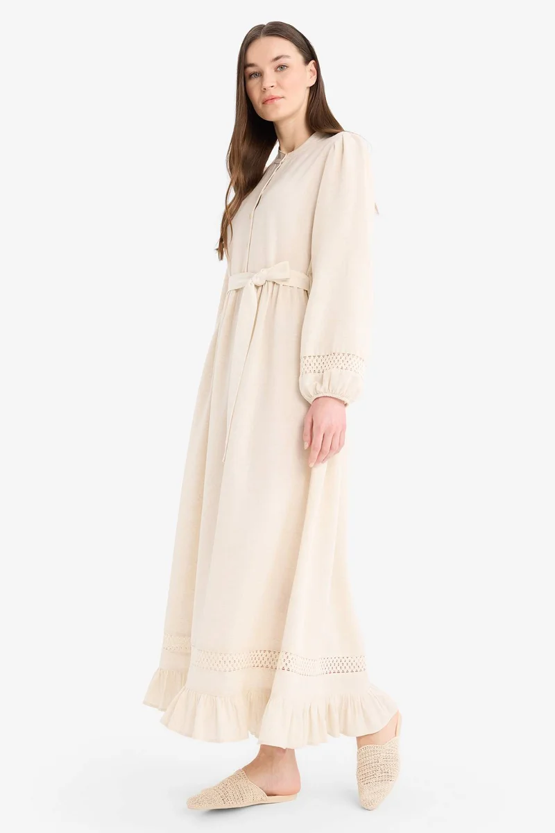ديفاكتو Regular Fit Grandad Collar Linen Blend Dress