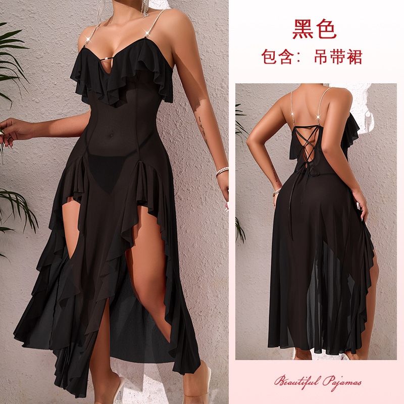 European and American Cross-Border Chain Strap Women's Nightdress Ruffle Double Slit Mesh Irregular Long Dress