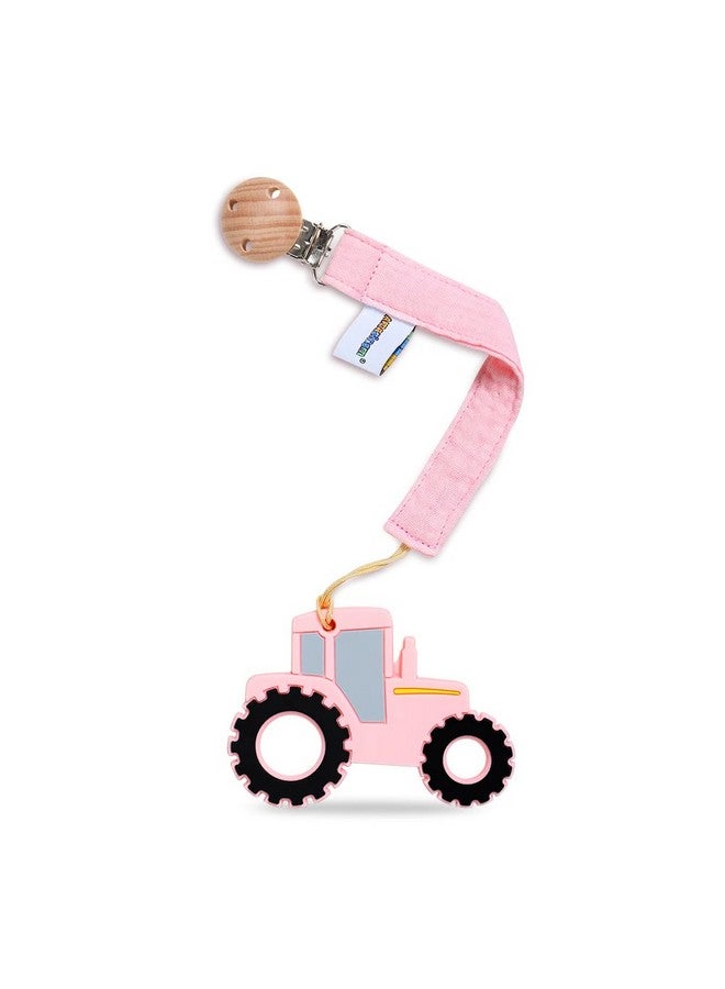 AmazingM Baby Food Grade Silicone Tractor Car Teether Toy With Pacifier Clip Holderteething Pain Relief Toys Gift Set For 3 Months+ Boys And Girlsfreezer Safebpa Free (Pink) - Image 1