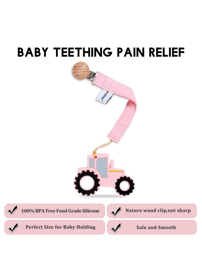 AmazingM Baby Food Grade Silicone Tractor Car Teether Toy With Pacifier Clip Holderteething Pain Relief Toys Gift Set For 3 Months+ Boys And Girlsfreezer Safebpa Free (Pink) - Image 4