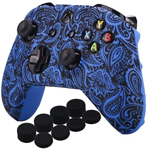YoRHa Printing Rubber Silicone Cover Skin Case for Xbox One S/X Controller x 1(Flowers&Blue) with PRO Thumb Grips x 8 - Image 1