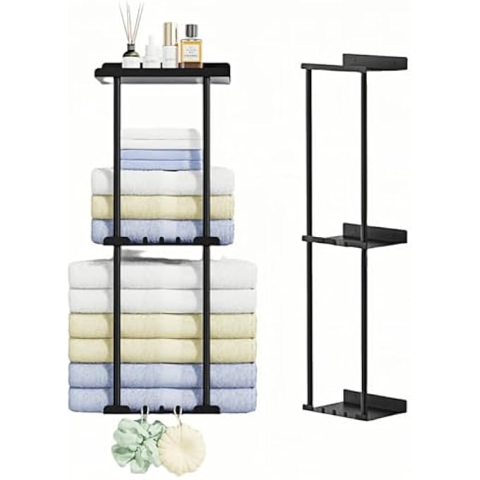 حامل مناشف Lolotzii مثبت على الحائط بدون حفر، منظم حمام معدني أسود بثلاث طبقات، يوفر مساحة، حامل تخزين مناشف للمنزل والحمام والفندق والصالة الرياضية - Image 1