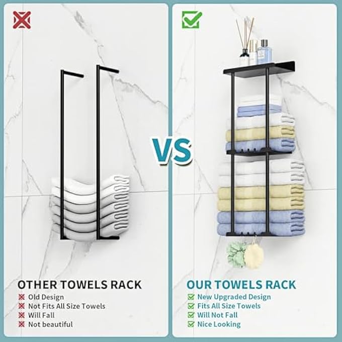 حامل مناشف Lolotzii مثبت على الحائط بدون حفر، منظم حمام معدني أسود بثلاث طبقات، يوفر مساحة، حامل تخزين مناشف للمنزل والحمام والفندق والصالة الرياضية - Image 4