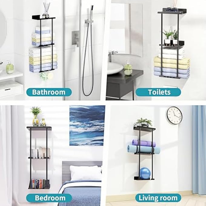 حامل مناشف Lolotzii مثبت على الحائط بدون حفر، منظم حمام معدني أسود بثلاث طبقات، يوفر مساحة، حامل تخزين مناشف للمنزل والحمام والفندق والصالة الرياضية - Image 5