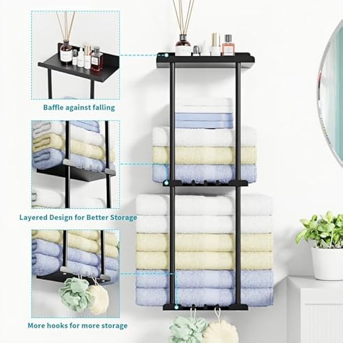 حامل مناشف Lolotzii مثبت على الحائط بدون حفر، منظم حمام معدني أسود بثلاث طبقات، يوفر مساحة، حامل تخزين مناشف للمنزل والحمام والفندق والصالة الرياضية - Image 3