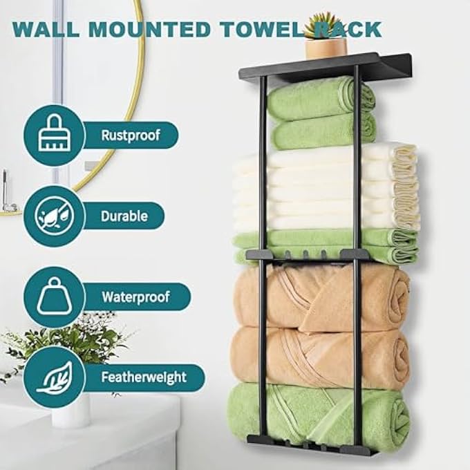 حامل مناشف Lolotzii مثبت على الحائط بدون حفر، منظم حمام معدني أسود بثلاث طبقات، يوفر مساحة، حامل تخزين مناشف للمنزل والحمام والفندق والصالة الرياضية - Image 2