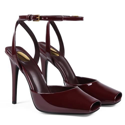 CAGLGLZ Square Open Toe Heeled Sandals for Women Patent Leather Stiletto High Heels Peep Toe Ankle Strap Backless Pumps Fashion Casual Dressy Party Shoes(Burgundy,7) - Image 1