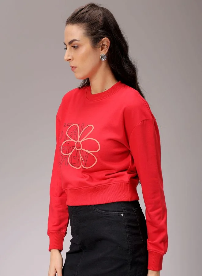 مرفوعة Women Relaxed Fit Floral Print Cropped Sweatshirt