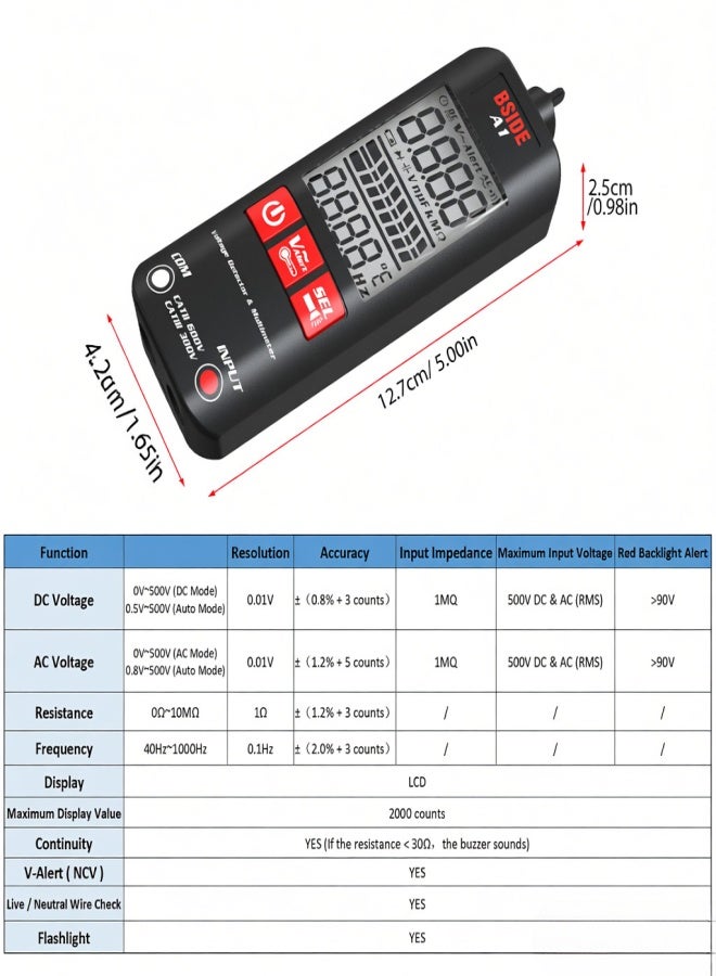 BSIDE A1 Mini Multimeter LCD Digital Tester Voltage Detector 2000 Counts DC/AC Voltage Frequency Resistance NCV Continuity Live Wire Neutral Wire Check True RMS Meter - Image 5