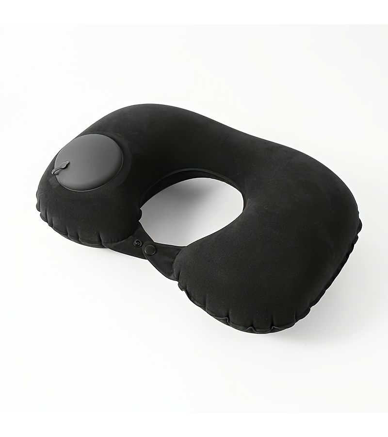 Black Inflatable Travel Neck Pillow U Shape Soft Velvet Lightweight Leak Resistant - Image 1