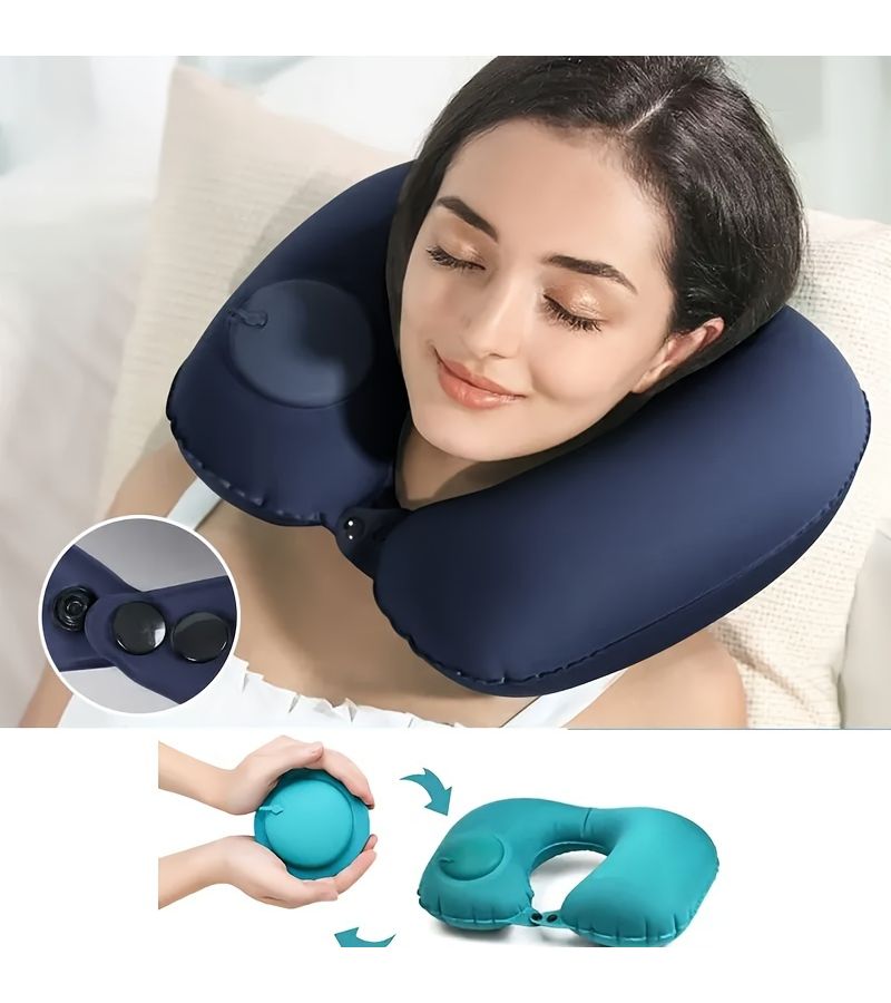 Black Inflatable Travel Neck Pillow U Shape Soft Velvet Lightweight Leak Resistant - Image 3