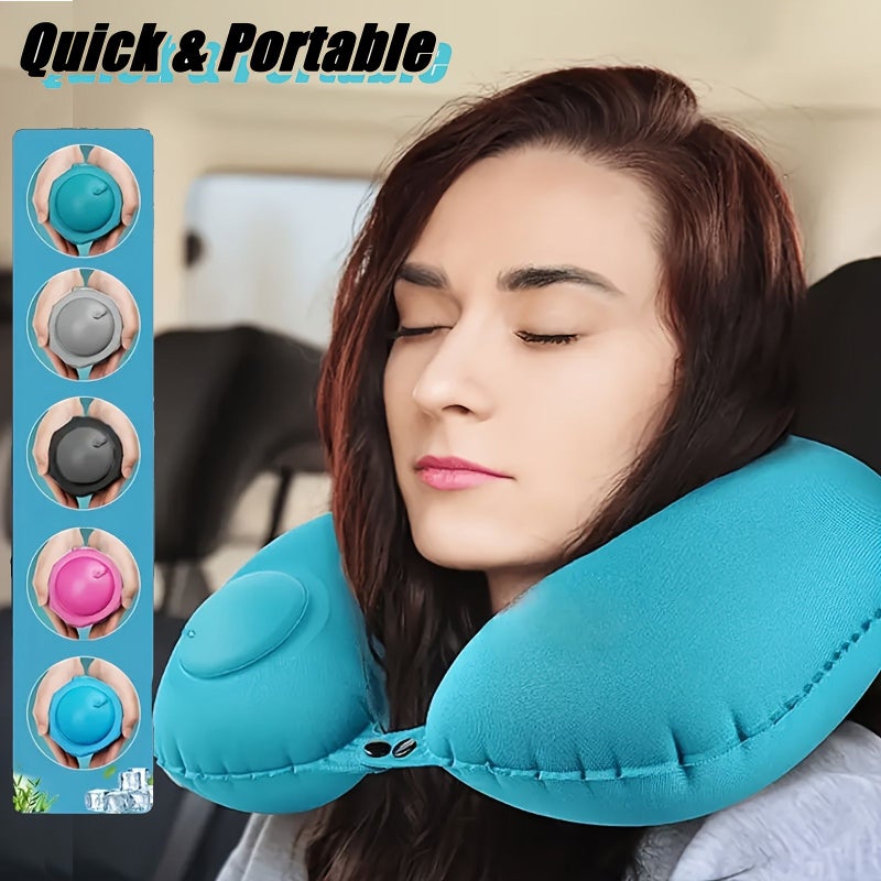 Black Inflatable Travel Neck Pillow U Shape Soft Velvet Lightweight Leak Resistant - Image 2