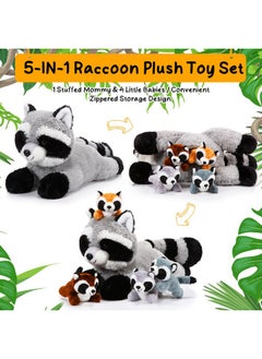 Harrycle Harrycle 5 Pcs Raccoon Stuffed Animal Set Adorable Mommy Raccoon Plush with 4 Cute Baby Coons in Tummy Soft Cuddly Raccoon Plushie for Birthday Woodland Party Decor(Lovely Style)  - Image 4