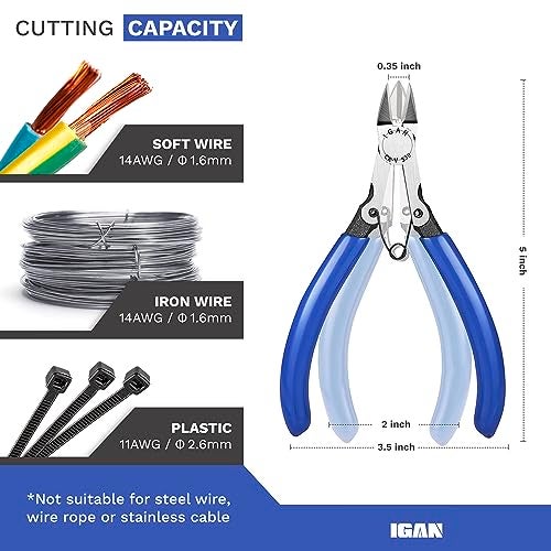 IGAN-330 Wire Flush Cutters (Pack of 5), Precision Electronic Model Sprue Wire Clippers Cutter, Blue - Image 2
