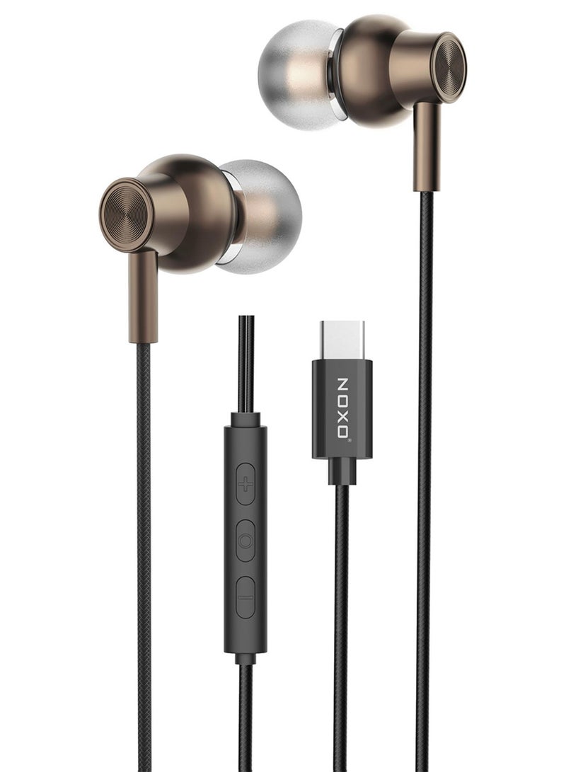 NOXO Wired Stereo Earphones HFN-5 with USB-C – High-Sensitivity Handsfree Headphones - Grey - Image 1